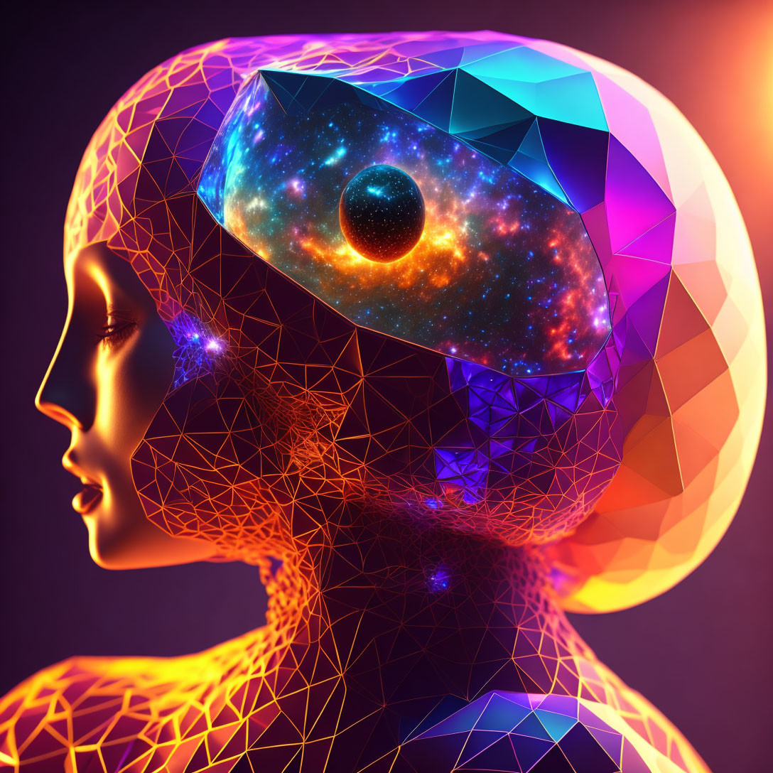 Profile of woman with cosmic-themed geometric brain on neon background