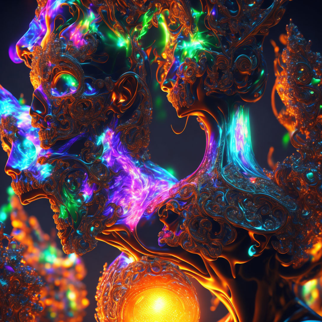 Vibrant abstract digital art with swirling neon shapes