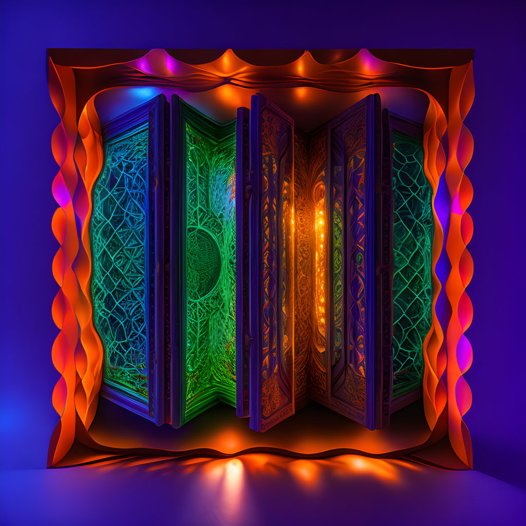 Intricately patterned illuminated doors in surreal wavy frame