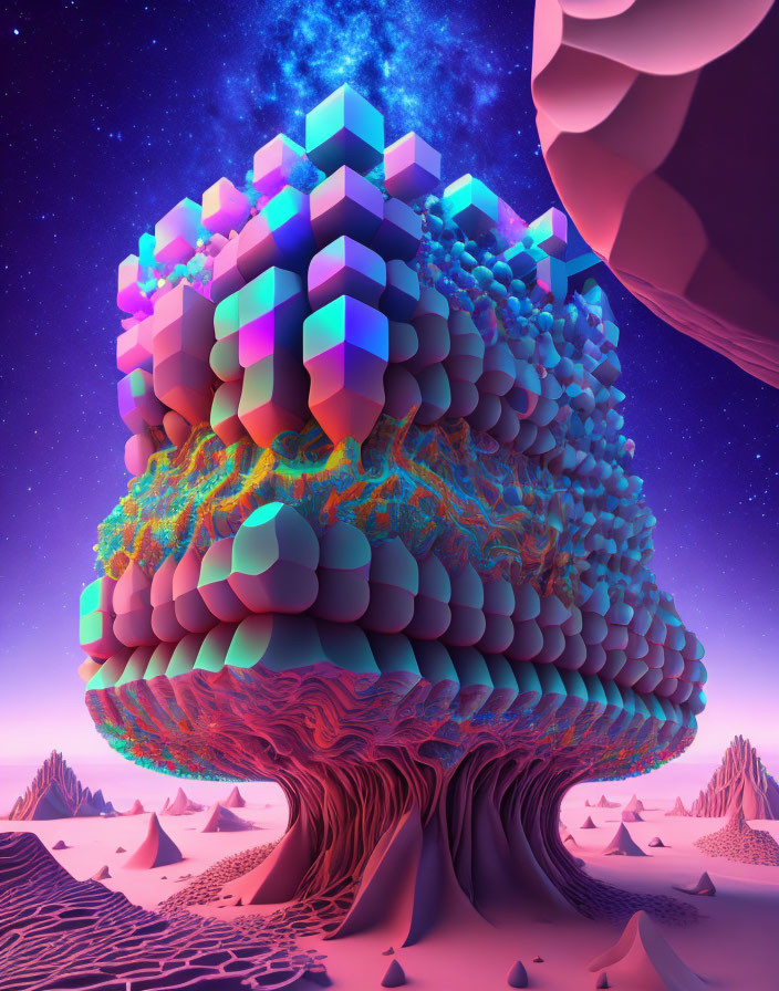 Surreal digital artwork: Vibrant tree with cube-shaped foliage under starry sky