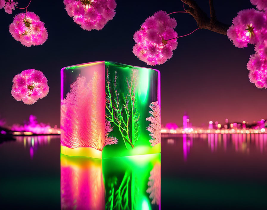 Cube with tree design reflecting on water, pink cherry blossoms, city lights at night