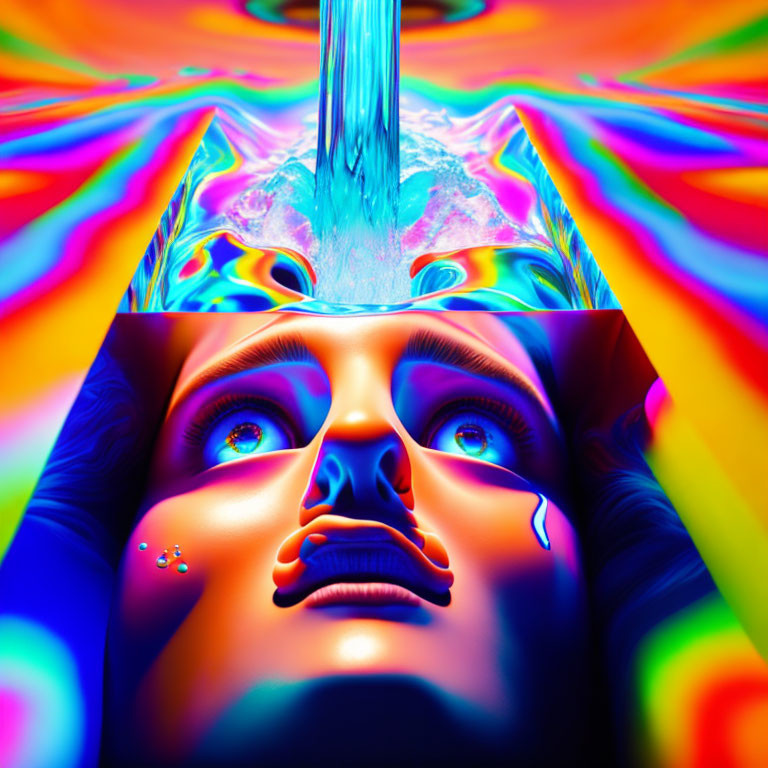 Colorful digital artwork: Exaggerated face in psychedelic colors with liquid-like structure