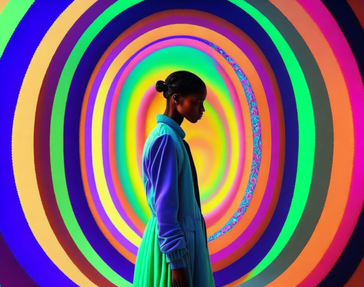 Profile view against vibrant neon circles backdrop.