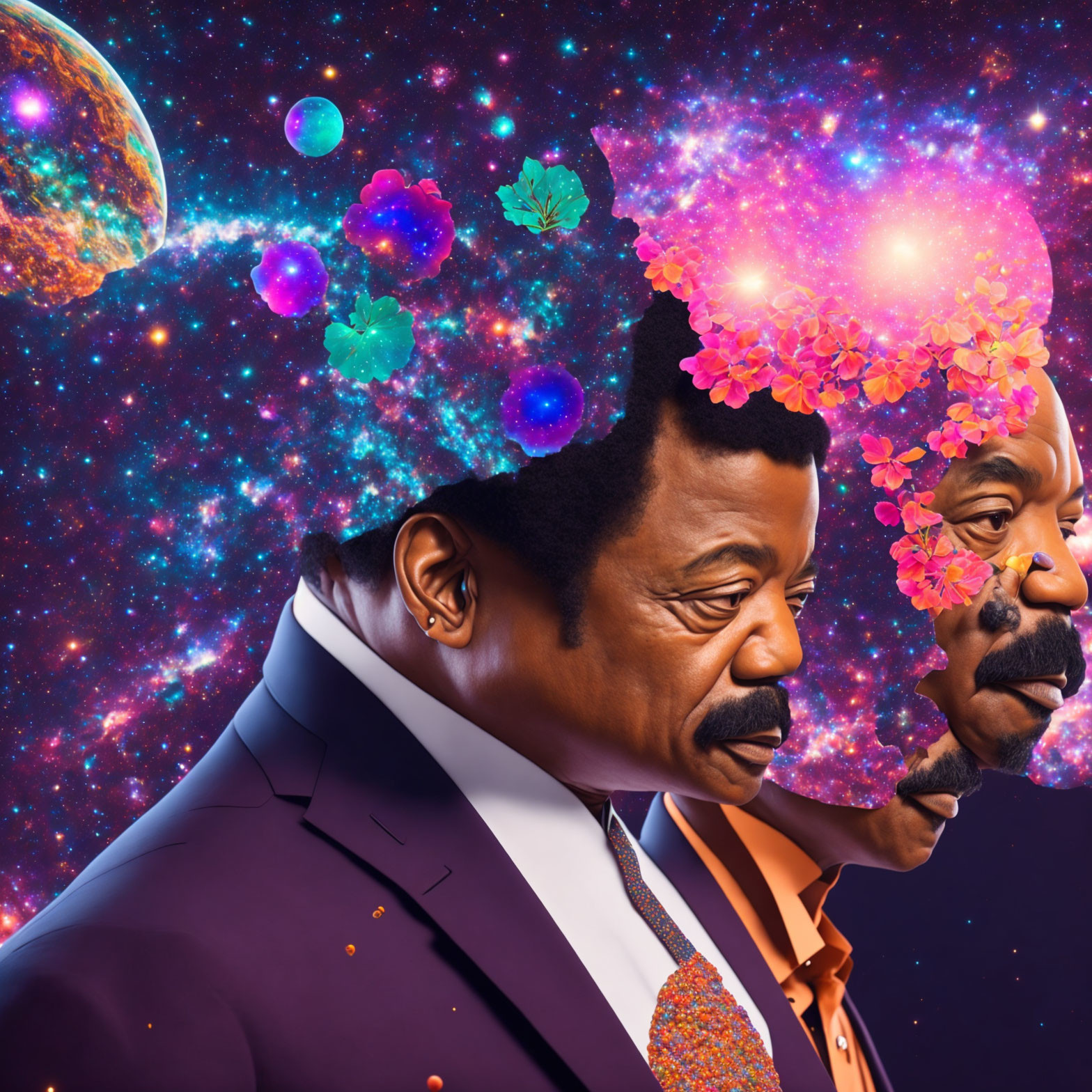 Colorful surreal portrait with cosmos-themed background