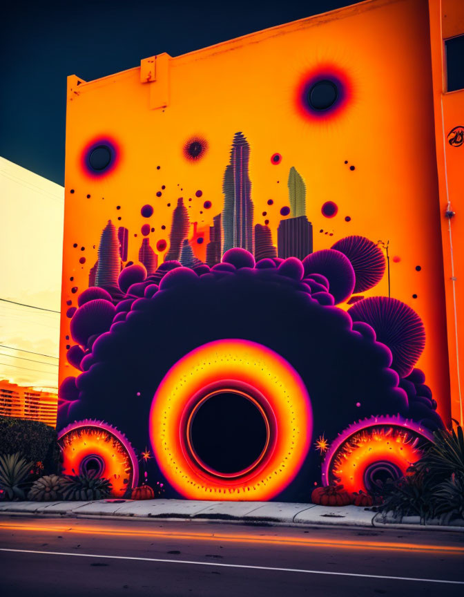 Colorful cosmic street art mural: black hole, galaxies, city skyline on orange backdrop