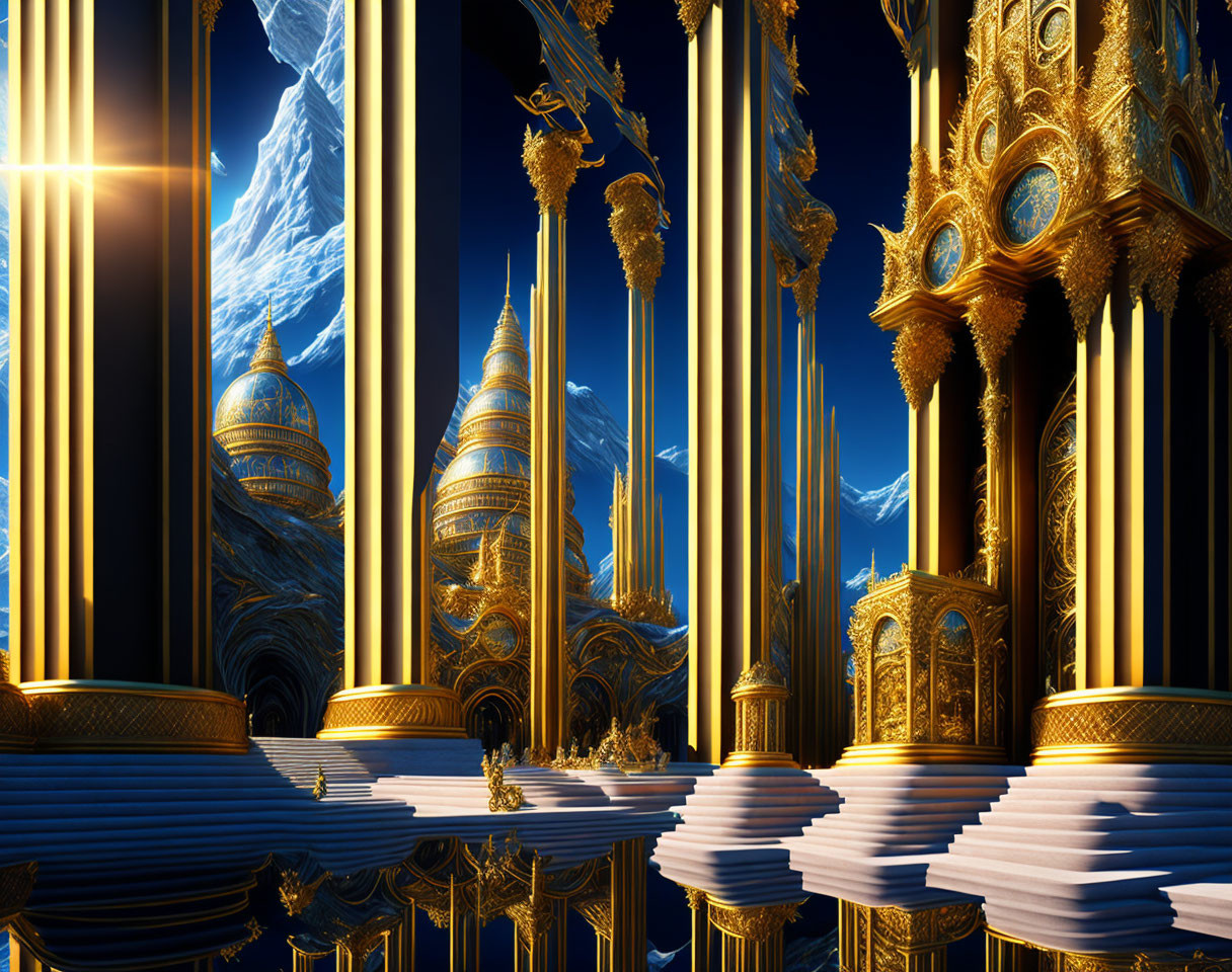 Golden fantasy palace under night sky with spires, cliffs, and pillars