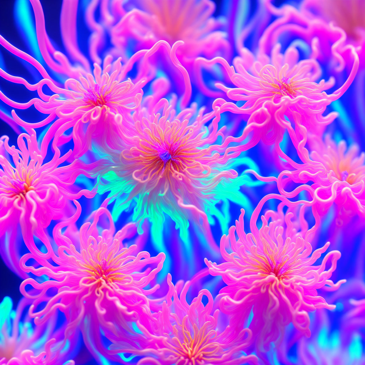 Neon pink and blue anemone-like floral forms on deep blue background