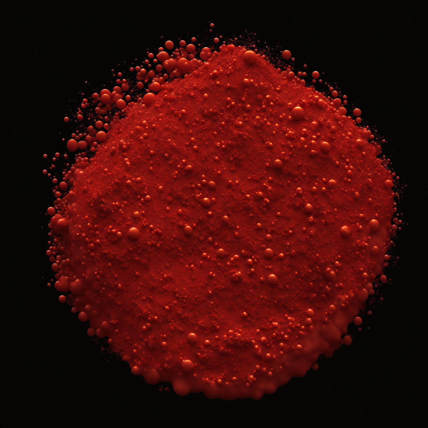 Vivid red powder with particles and specks on black background