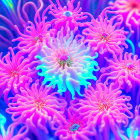 Neon pink and blue anemone-like floral forms on deep blue background