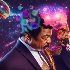 Colorful surreal portrait with cosmos-themed background