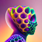 Futuristic 3D humanoid profile with porous horned head on gradient background
