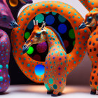 Vibrant surreal giraffes in colorful patterns on swirling necks.