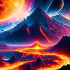 Digital art: Otherworldly volcanic landscape with cosmic sky