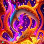 Vibrant orange star-shaped creatures with blue eyes on purple background