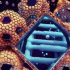 Intricate 3D fractal art: Blue and orange bio-like patterns with glowing orbs