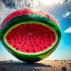 Giant hollow watermelon on barren landscape under dramatic sky