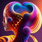 Profile of woman with cosmic-themed geometric brain on neon background