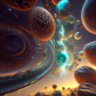 Surreal space scene with alien-like structures and glowing orbs