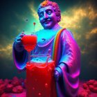 Vibrant surreal statue pouring liquid in colorful setting