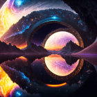 Surreal landscape with cosmic backdrop and ring-shaped structures.