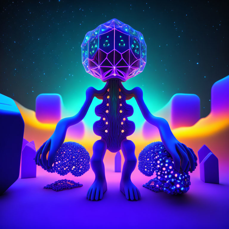 Colorful digital artwork: Alien creature with geometric head and bioluminescent body under starry sky