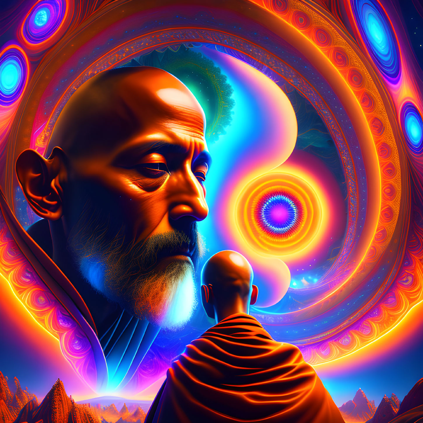 Colorful Bald Monk Illustration on Psychedelic Background