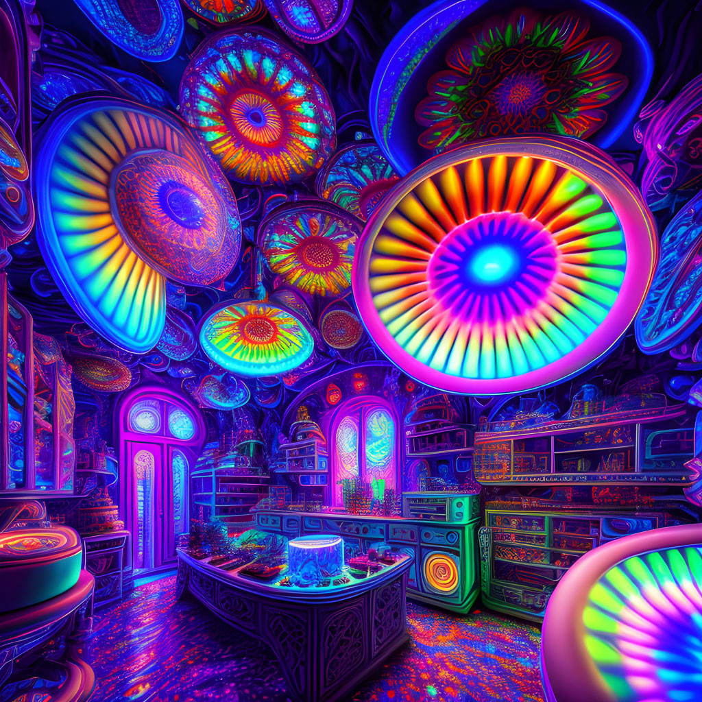 Colorful Psychedelic Room with Neon Glowing Patterns