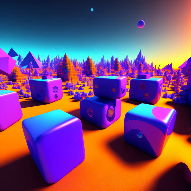 Surreal landscape featuring stylized trees, purple speakers, and orange sky.