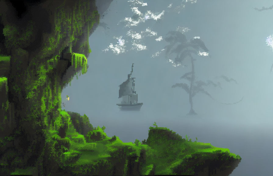 Misty pixel art landscape with ship, cliff, and tree