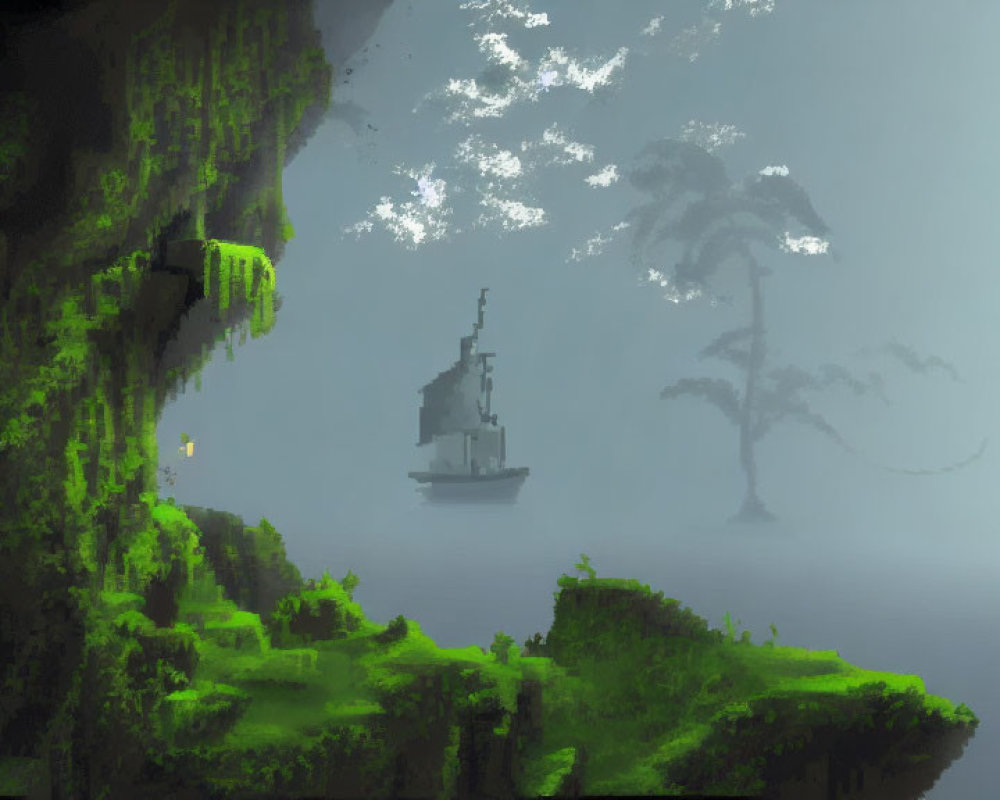 Misty pixel art landscape with ship, cliff, and tree