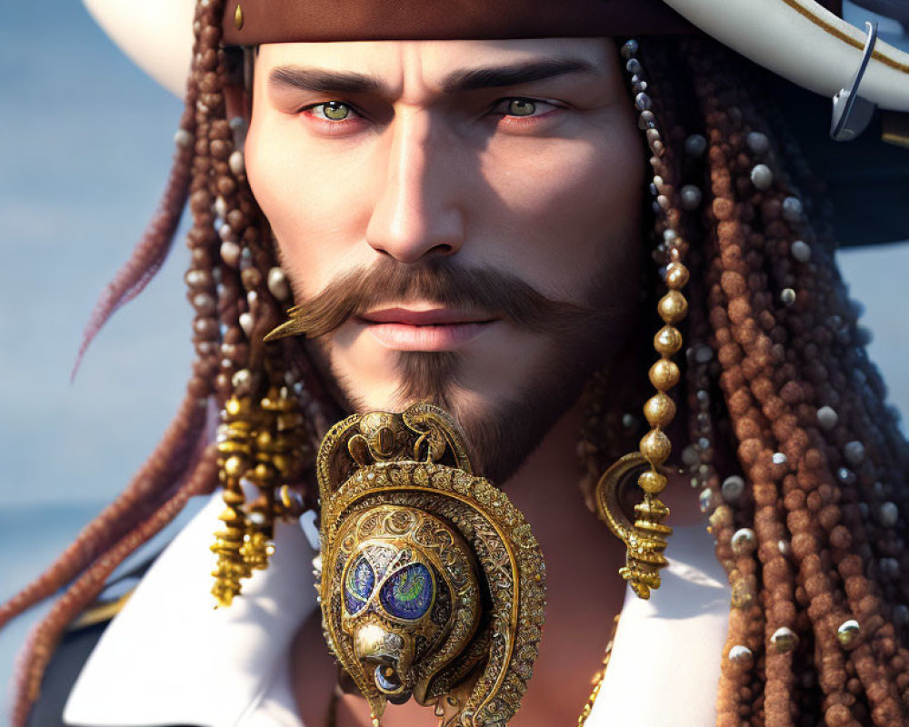 Detailed 3D rendering of pirate captain with tricorne hat, braided hair, beads,