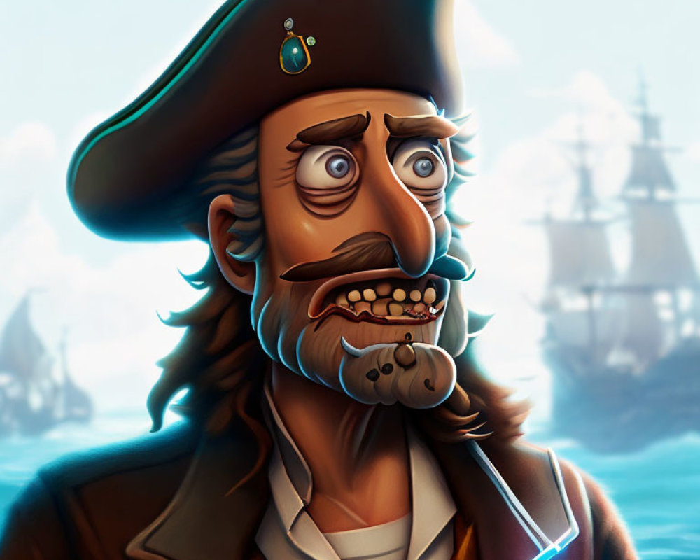 Surprised animated pirate with brown tricorn hat, white puffy shirt, and blue coat on