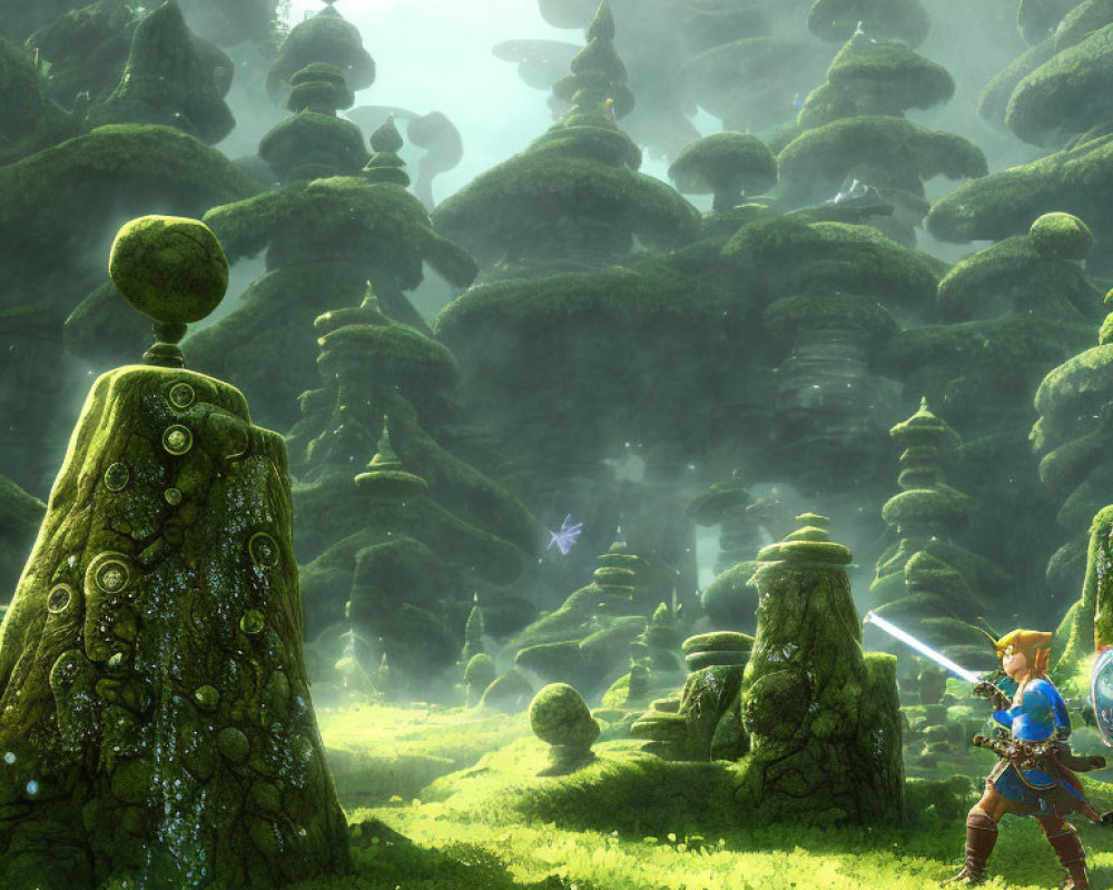 Mystical forest with moss-covered stones and character holding a sword