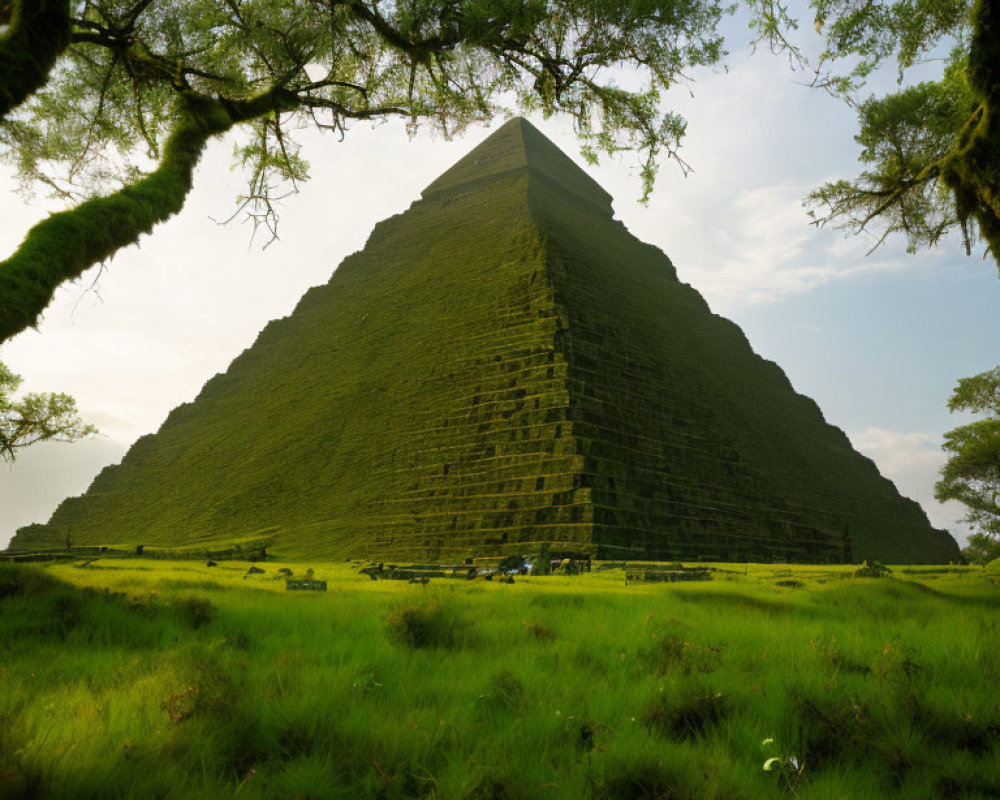 Stepped Pyramid in Lush Green Field with Overhanging Branches