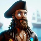 Surprised animated pirate with brown tricorn hat, white puffy shirt, and blue coat on