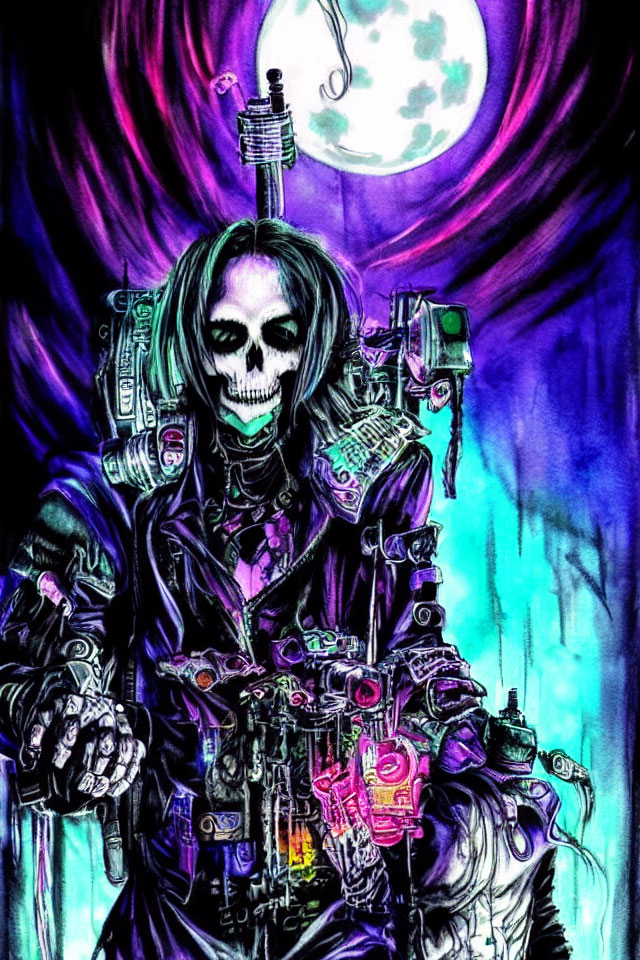 Cyberpunk skeletal figure under neon moonlit sky