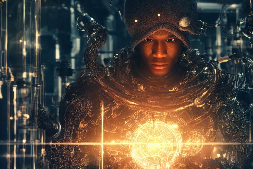 Futuristic armor and hooded figure amidst high-tech machinery and holograms