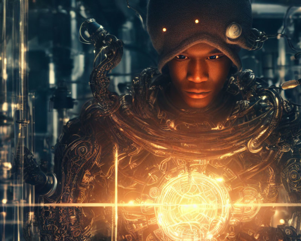 Futuristic armor and hooded figure amidst high-tech machinery and holograms