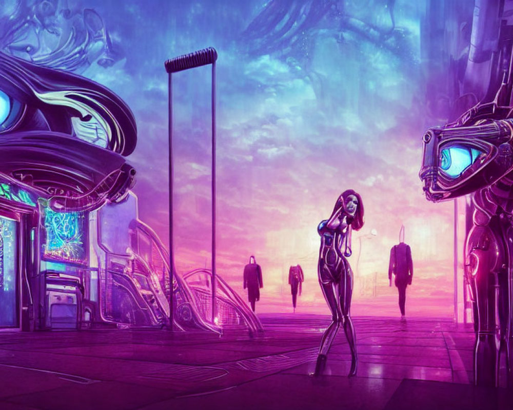 Futuristic cityscape with woman, robot, and stylized buildings under purple sky