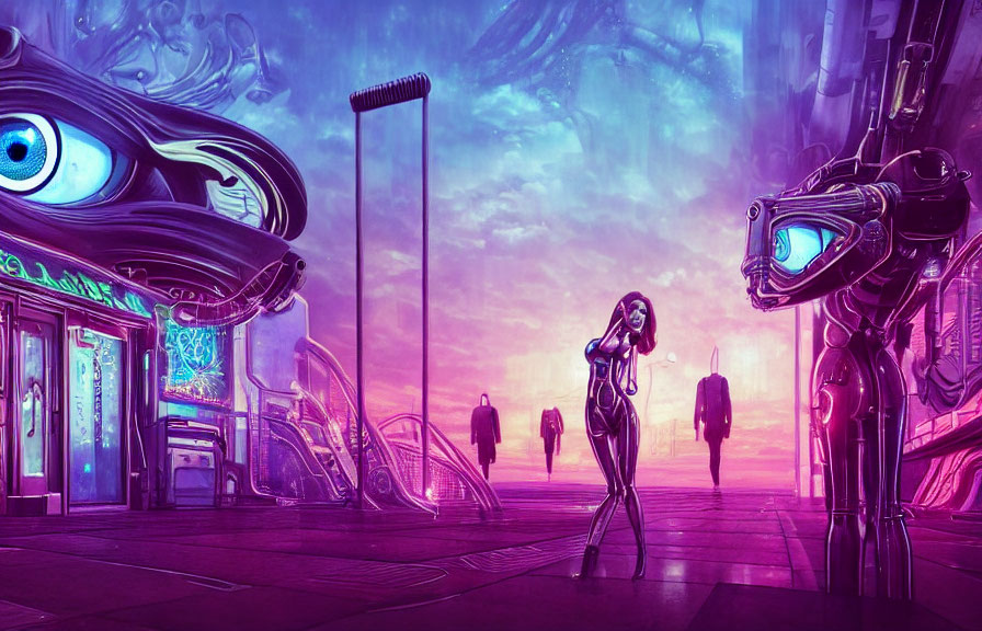 Futuristic cityscape with woman, robot, and stylized buildings under purple sky