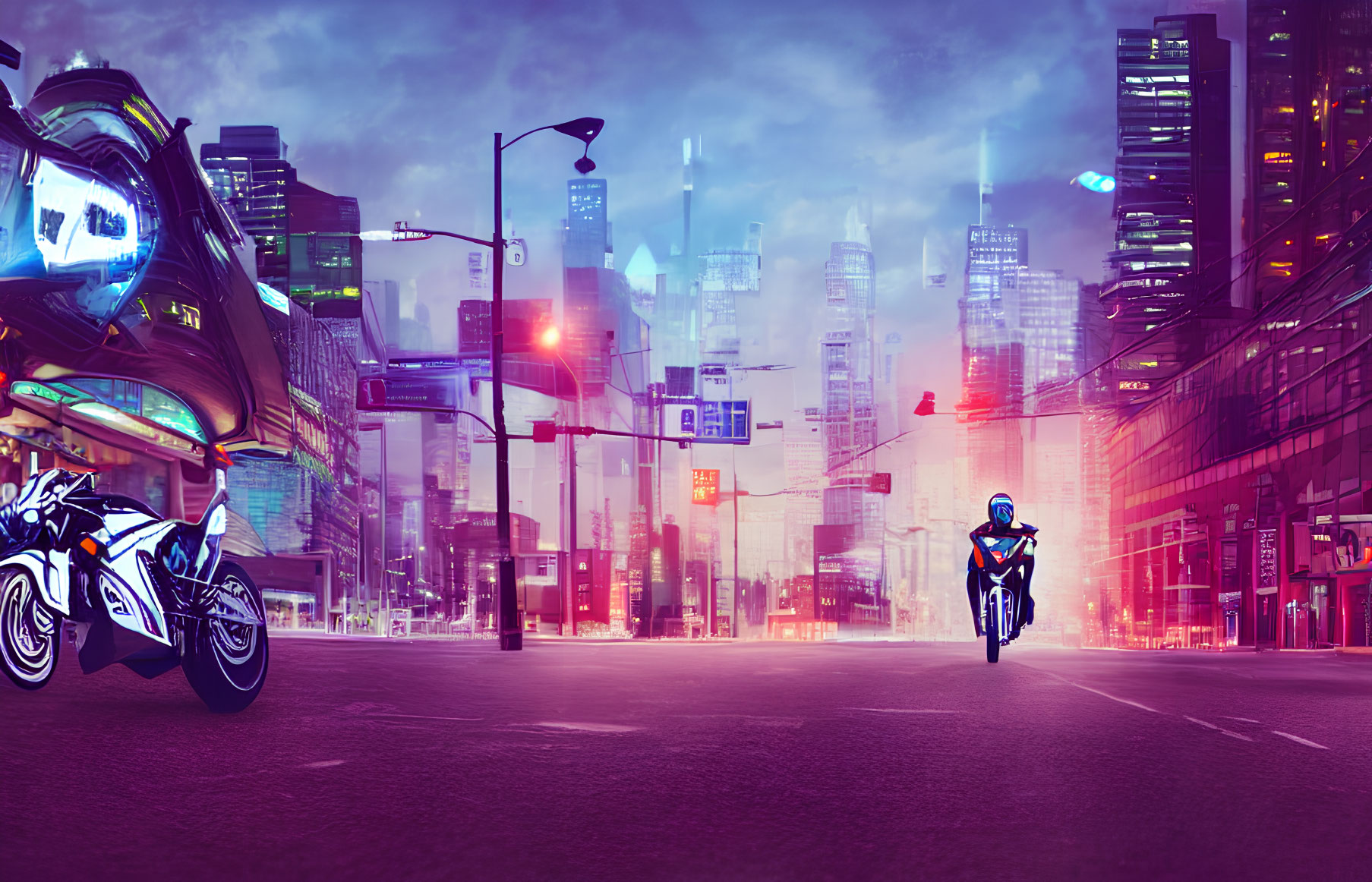 Futuristic cityscape with neon lights, motorcyclist, and hovering cars