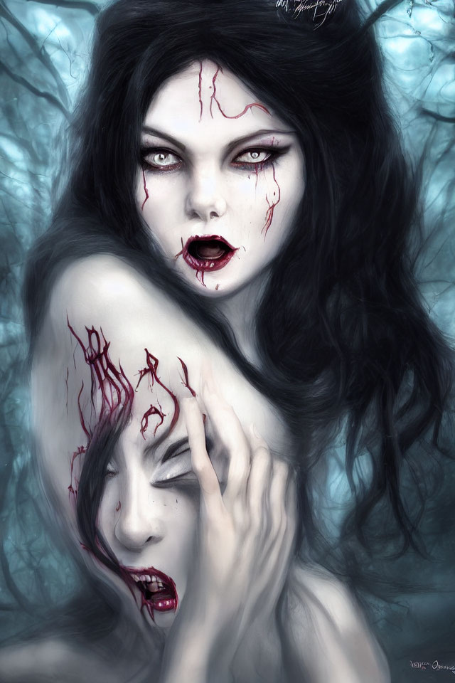 Gothic image of two pale women with dark hair and red eyes