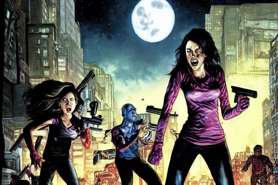 Intense female characters with guns in urban chaos under full moon