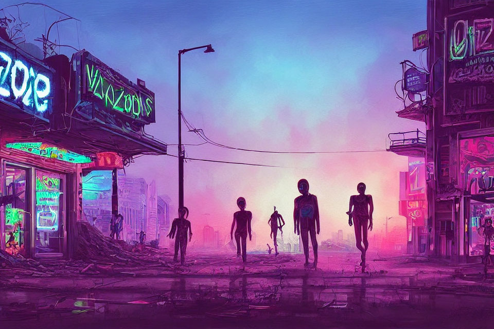 Vibrant cyberpunk cityscape at twilight with neon signs and silhouettes.