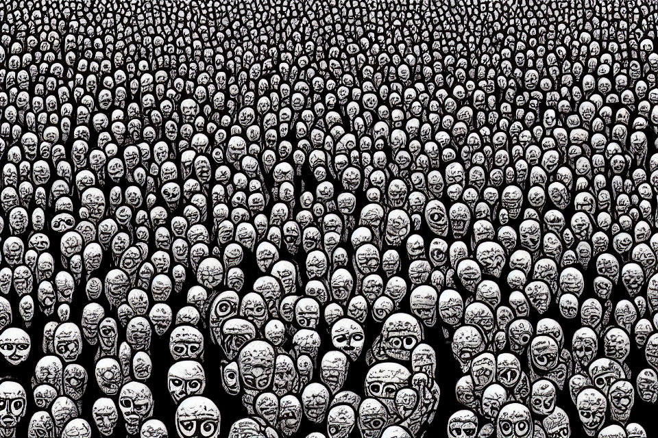 Black and white illustration of unique faces in dense crowd