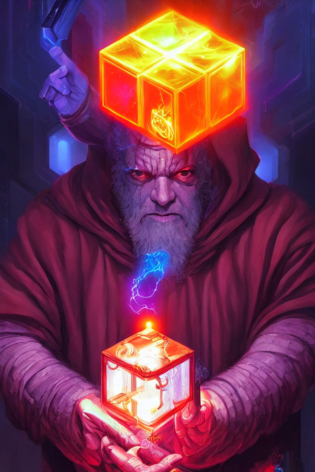 Bearded figure in red cloak with glowing cube illustration