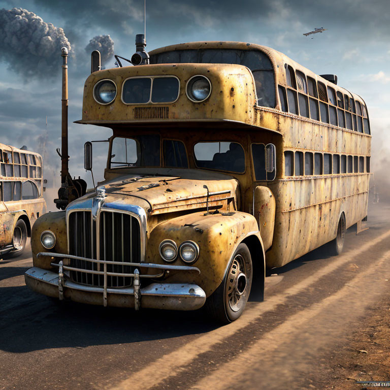 Vintage double-decker bus on dusty road with classic design and helicopter in background.