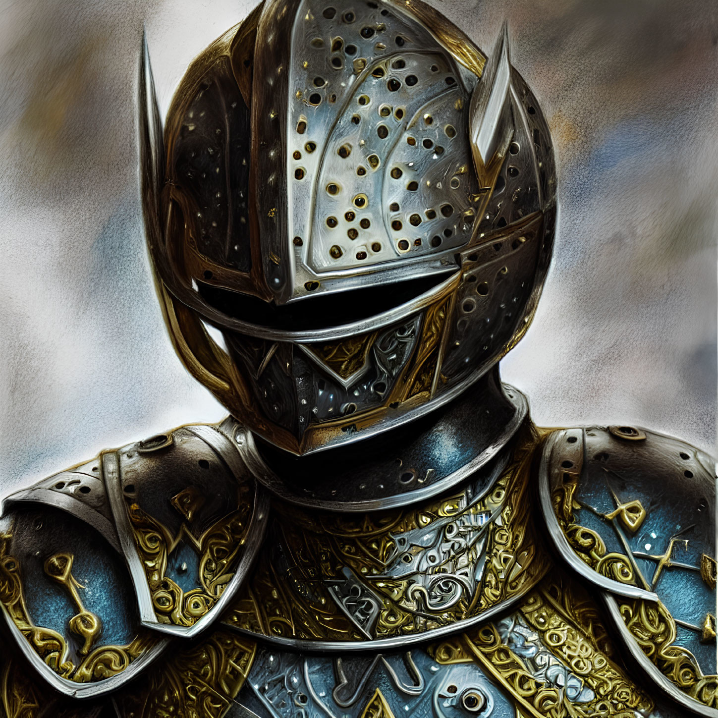 Medieval Knight in Ornate Armor with Visored Helmet