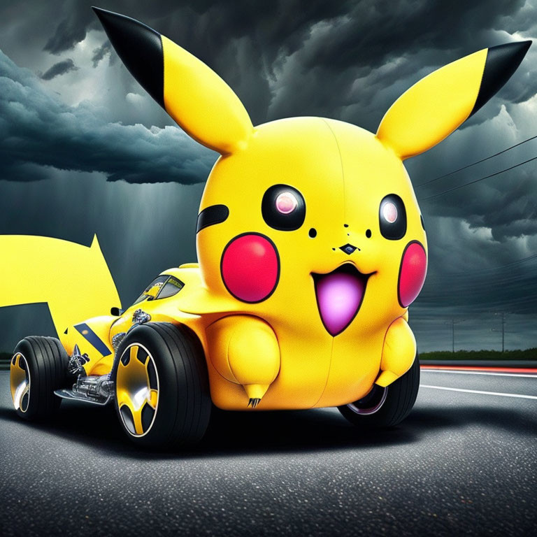 Stylized Pikachu-themed race car on road with stormy sky