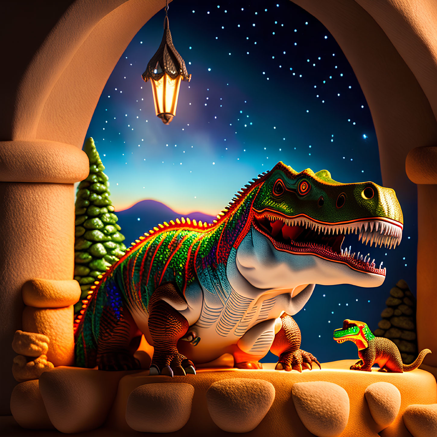 Two dinosaurs in stone window under starry sky with lantern